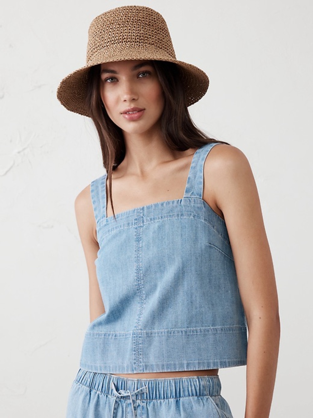 Banana Republic Factory Light Blue Denim Topstitch Crop Tank